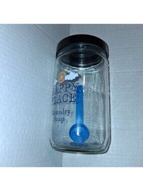 Happy Place Glass Laundry Soap Jar With Black Lid & Blue Scoop-NEW